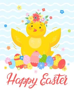 Easter typography.Happy Easter - hand drawn lettering with cute little chick, Stock Illustration