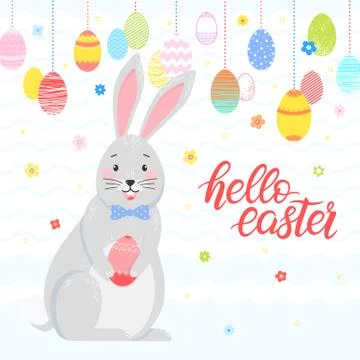 Easter typography.Hello Easter - hand drawn lettering with colorful eggs,diff Stock Illustration