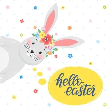 Easter typography.Hello Easter - hand drawn lettering with colorful eggs,diff Stock Illustration