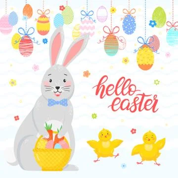 Easter typography.Hello Easter - hand drawn lettering with colorful eggs, flo Stock Illustration