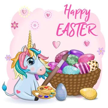 Easter unicorn cartoon character with easter egg, postcard. Illustrazione stock