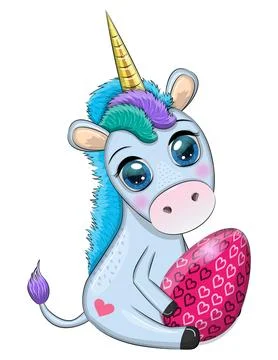 Easter unicorn cartoon character with easter egg, postcard. Stock Illustration
