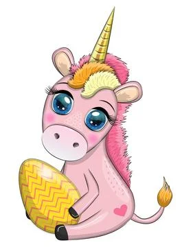 Easter unicorn cartoon character with easter egg, postcard. Stock Illustration