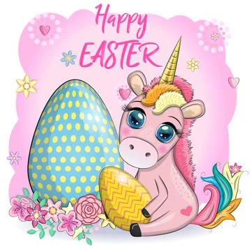 Easter unicorn cartoon character with easter egg, postcard. Stock Illustration