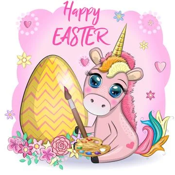 Easter unicorn cartoon character with easter egg, postcard. Stock Illustration