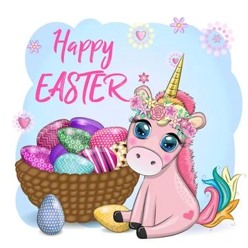 Easter unicorn cartoon character with easter egg, postcard. Stock Illustration