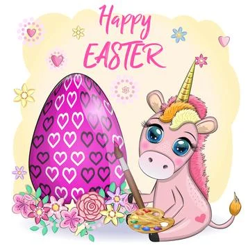 Easter unicorn cartoon character with easter egg, postcard. Stock Illustration