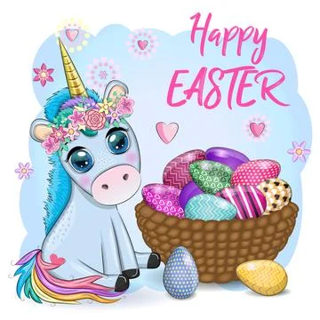 Easter unicorn cartoon character with easter egg, postcard. Stock Illustration