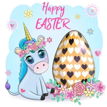 Easter unicorn cartoon character with easter egg, postcard. Stock Illustration