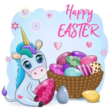 Easter unicorn cartoon character with easter egg, postcard. Stockillustratie