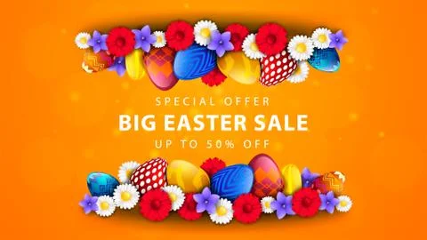 Easter vector banner with flowers and easter eggs in 3D style Stock Illustration