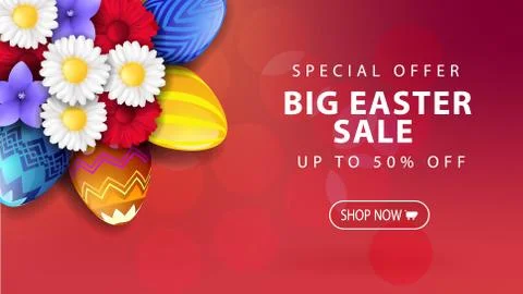 Easter vector banner with flowers and easter eggs in 3D style Stock Illustration
