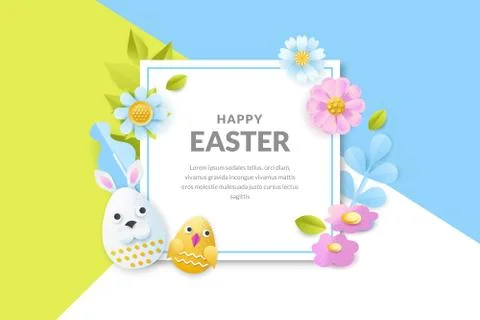 Easter vector banner, poster. Holiday background with 3d paper cut eggs, flow Stockillustratie