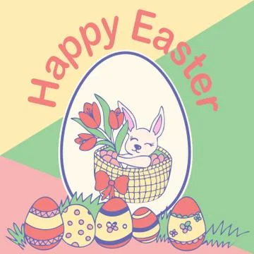 Easter vector card with bunny and eggs in basket Stockillustratie