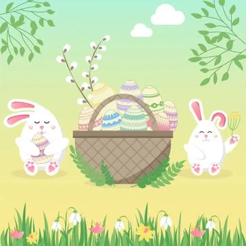 Easter vector illustration with egg, bunny (rabbit) and flower. Spring religi Stock Illustration