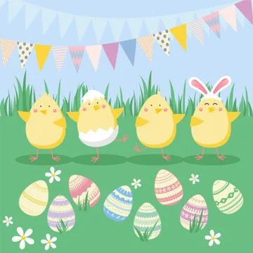 Easter vector illustration with egg, chicken, and flower. Spring religious ho Stock Illustration