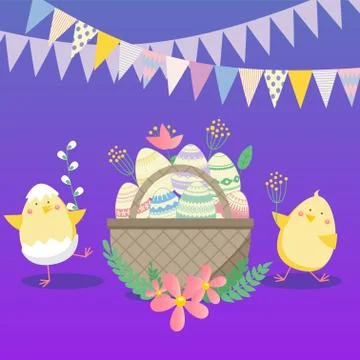 Easter vector illustration with egg, chicken, and flower. Spring religious ho Stock Illustration