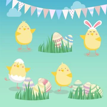Easter vector illustration with egg, chicken, and flower. Spring religious ho Stock Illustration