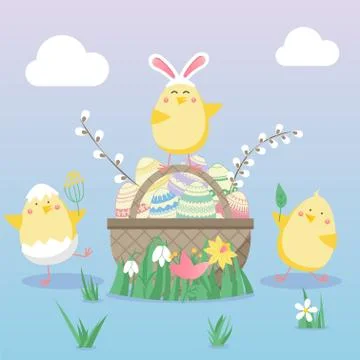 Easter vector illustration with egg, chicken, and flower. Spring religious ho Stock Illustration