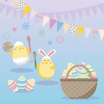Easter vector illustration with egg, chicken, and flower. Spring religious ho Stock Illustration