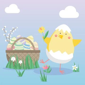 Easter vector illustration with egg, chicken, and flower. Spring religious ho Stock Illustration