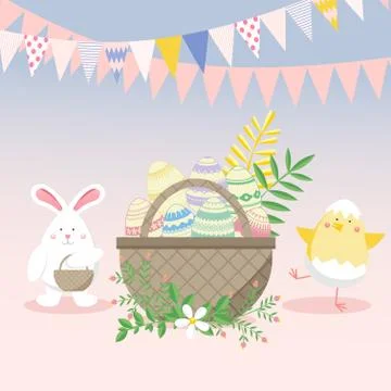 Easter vector illustration with egg, chicken, bunny (rabbit) and flower. Spri Illustrazione stock