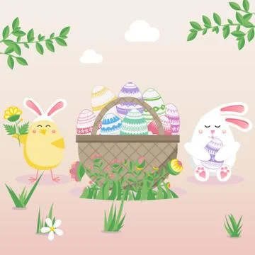Easter vector illustration with egg, chicken, bunny (rabbit) and flower. Spri Stock Illustration