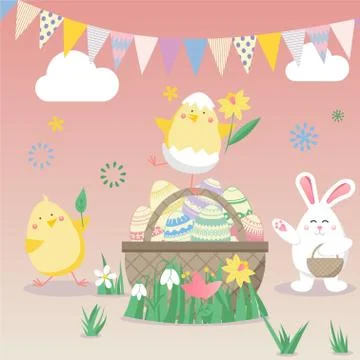 Easter vector illustration with egg, chicken, bunny (rabbit) and flower. Spri Stockillustratie