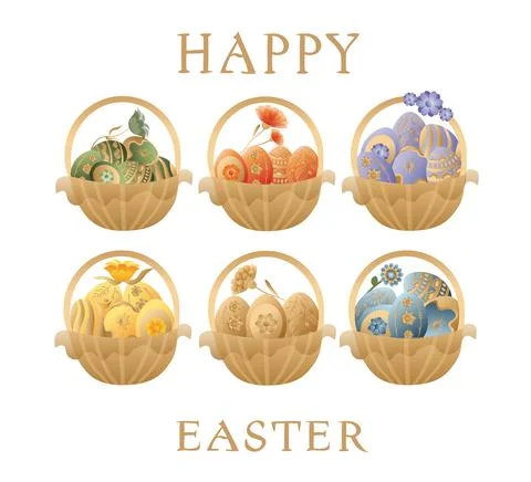 Easter vector illustration, set of colored Easter eggs in a basket. Beautiful 库存插图