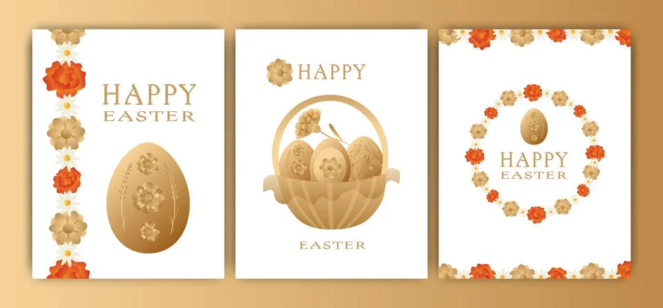 Easter vector illustration, set of three cards. Rabbits, wreaths and flowers, Stock Illustration