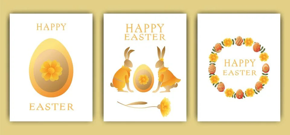 Easter vector illustration, set of three cards. Rabbits, wreaths and flowers, Stock Illustration
