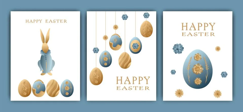 Easter vector illustration, set of three cards. Rabbits, wreaths and flowers, Stock Illustration
