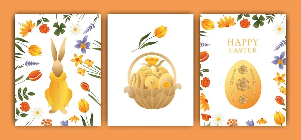 Easter vector illustration, set of three cards. Rabbits, wreaths and flowers, Stock Illustration