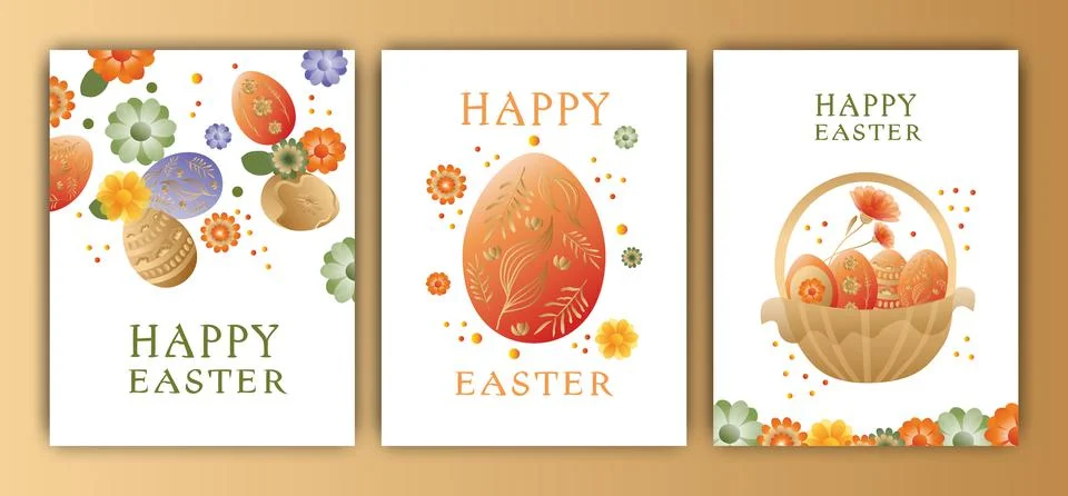 Easter vector illustration, set of three cards. Rabbits, wreaths and flowers, Stock Illustration