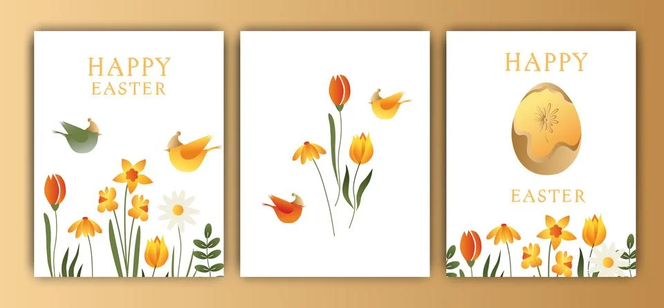 Easter vector illustration, set of three cards. Rabbits, wreaths and flowers, Stock Illustration
