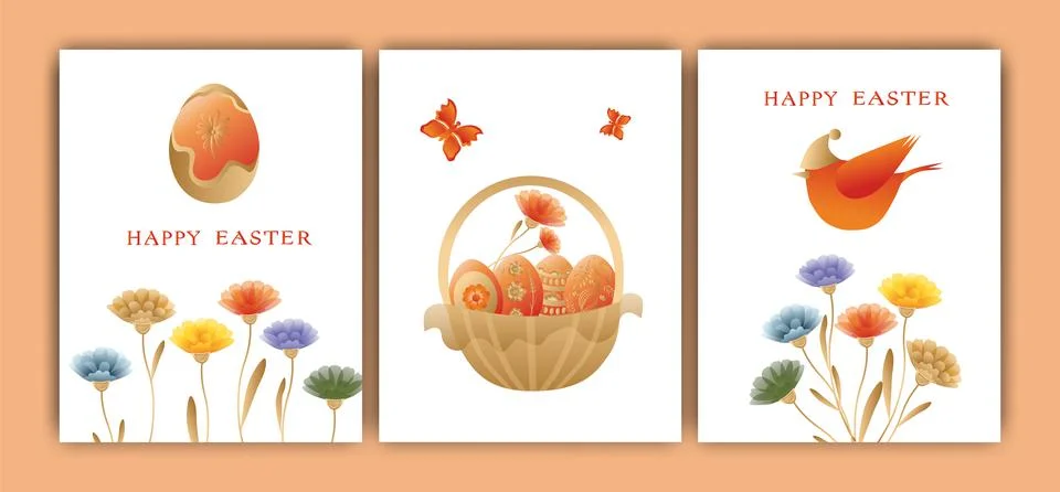 Easter vector illustration, set of three cards. Rabbits, wreaths and flowers, Stock Illustration