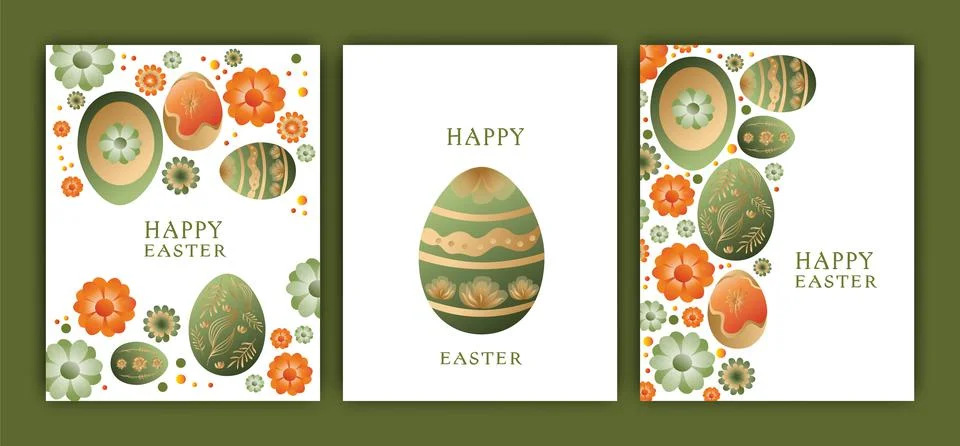 Easter vector illustration, set of three cards. Rabbits, wreaths and flowers, Stock Illustration