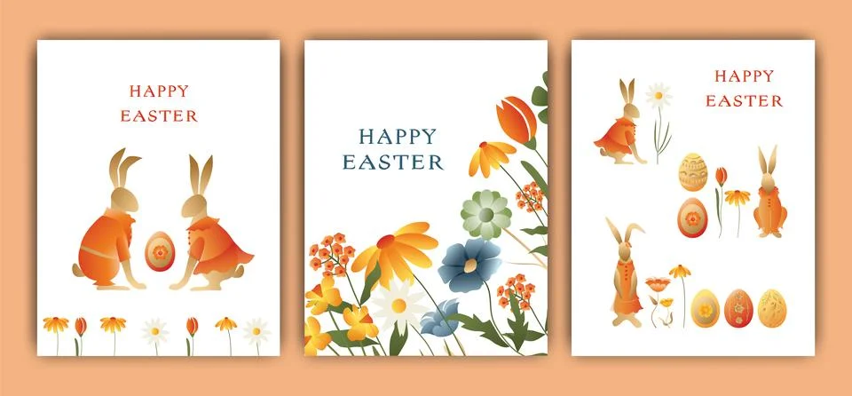 Easter vector illustration, set of three cards. Rabbits, wreaths and flowers, Stock Illustration