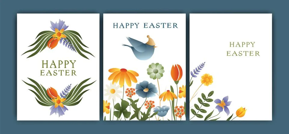 Easter vector illustration, set of three cards. Rabbits, wreaths and flowers, Stock Illustration
