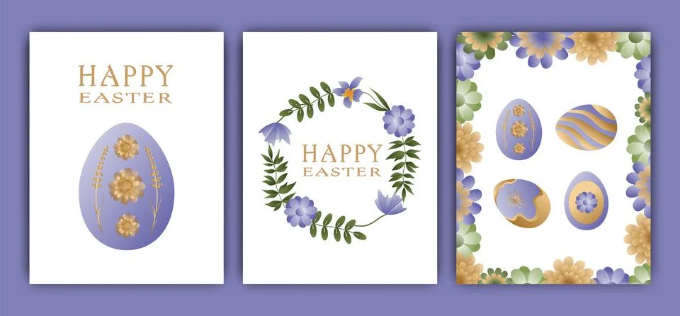 Easter vector illustration, set of three cards. Rabbits, wreaths and flowers, Stock Illustration