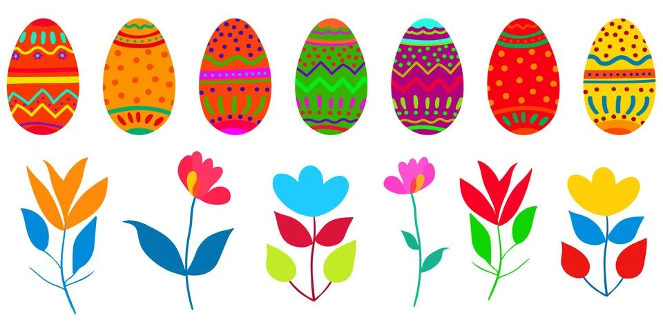 Easter vector objects - bright eggs and spring abstract flowers - decor tex.. Stock Illustration