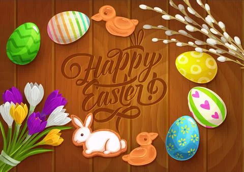 Easter vector poster with painted eggs, flowers Stock Illustration