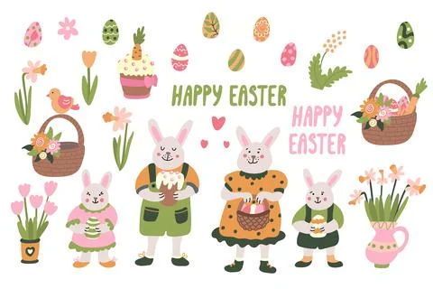 Easter vector set with rabbit family, cakes, basket with eggs, spring flowers Stock Illustration