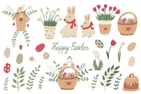 Easter vector set with rabbits, birdhouse, basket with eggs, spring flowers Stock Illustration