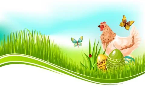 Easter vector template of paschal eggs and chicken Stock Illustration