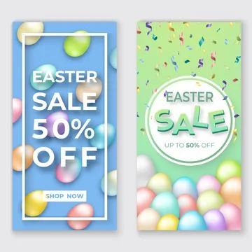 Easter vertical banners with 3d eggs on green and bue with letters. Cute ve.. Stock Illustration