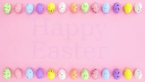 Easter vibrant eggs move  and Happy Easter text appear. Stop motion Video stock 149942113