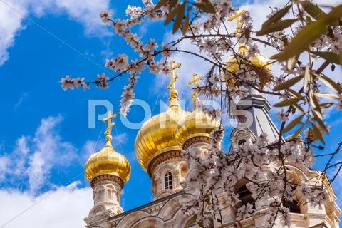 Easter view of Mary Magdalene Convent with Almond Flowers, Jerusalem Stock Photos
