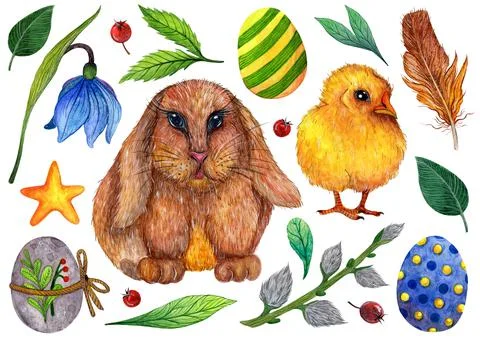 Easter watercolor set of holiday elements. Hand drawn illustration 스톡 일러스트