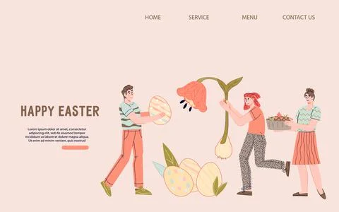 Easter website banner backdrop with people holding eggs and spring flowers, f Stock Illustration